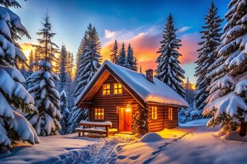 Fototapeta premium Surrounded by snow-covered pine trees, a charming cabin radiates warm light from its windows, offering a cozy refuge