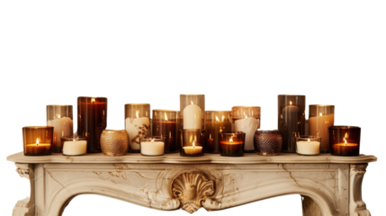 Scented candles arranged on a fireplace mantle, on white background