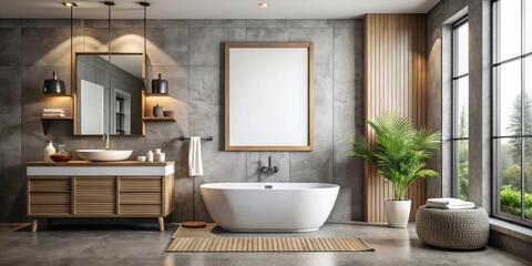 Mock up of a poster frame hanging in a modern bathroom interior, bathroom, modern, interior, mock up, poster frame, decor