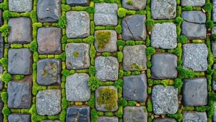 Grey old stone pavement top view with granite cobblestone road, green moss, and wet surface , cobblestone, pavement, granite, moss