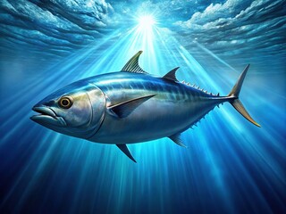 Naklejka premium A lone tuna effortlessly glides through the deep blue ocean, embodying unmatched speed and elegance amidst the wilderness of the sea.