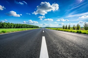Fototapeta premium The distant horizon shows a pristine black asphalt road, marked with white stripes, basking under a sunny day,