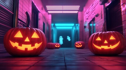 Obraz premium A cyberpunk Halloween street with glowing pumpkins, digital ghosts, and sleek chrome buildings under a neon-lit sky