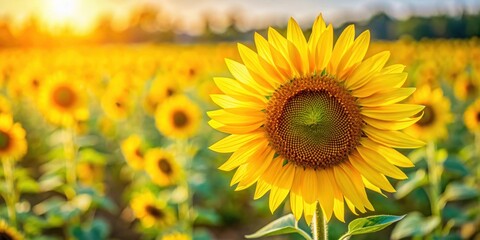 Fototapeta premium Close-up of a vibrant yellow sunflower in full bloom with a blurred field and other sunflowers in the background, sunflower