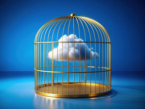 A luminous blue background frames a stunning 3D render of a white cloud elegantly trapped within an ornate golden cage, showcasing a unique visual contrast.