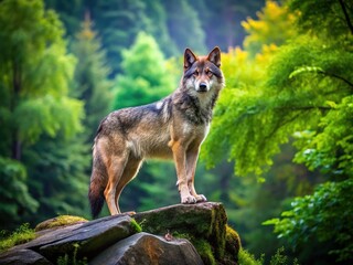 Fototapeta premium A magnificent wolf stands tall on a rugged rock, exuding strength and grace, framed by vibrant greenery and the tranquility of its natural surroundings.