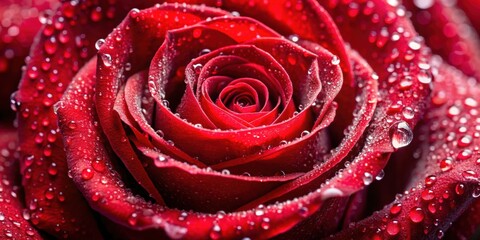 Naklejka premium Close up of red rose covered in dew drops, red, rose, flower, close up, macro, detailed, nature, beauty, dew drops