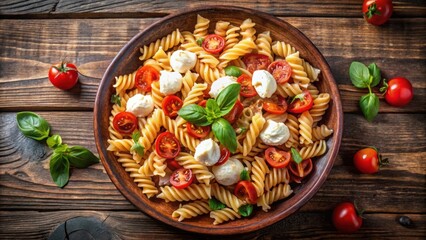 Close-up top view of baked fusilli pasta with mozzarella cheese and tomato on a rustic plate with a fork , Italian, food