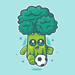 happy broccoli vegetable character mascot playing football isolated cartoon