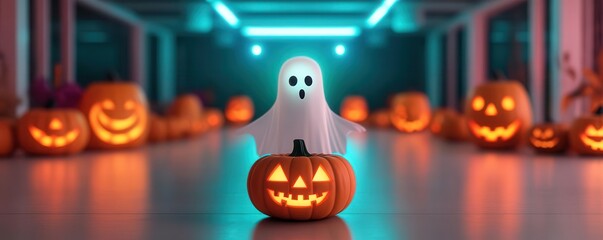 Fototapeta premium A high-tech Halloween party with holographic ghosts, glowing jack-o'-lanterns, and a neon-lit dance floor