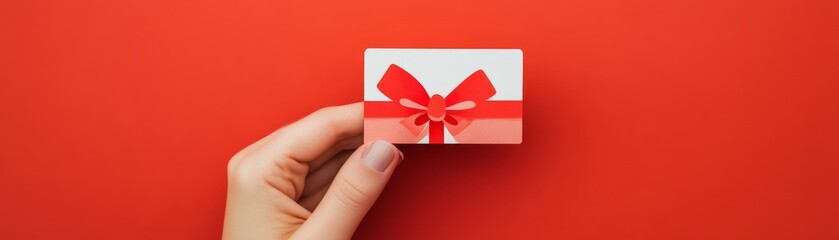 Tiny gift card in hand, customer rewards, copy space, flat design illustration