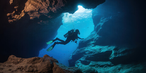 A diver explores an underwater cave illuminated by sunlight.