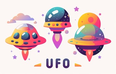 A minimalist cartoon-style icon design for "UFO" featuring Earth and the moon as the background，showcasing a dark blue to purple gradient color scheme.