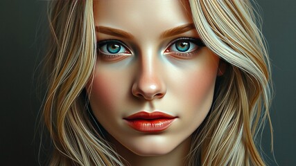 Fototapeta premium A stunning blond woman with a calm demeanor and gentle features, featuring a subtle and enigmatic smile, her serious expression radiating quiet confidence amidst soft, even lighting.
