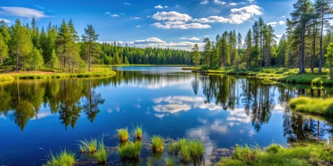 Obraz premium Tranquil small lake surrounded by lush vegetation in north Sweden in summer, Sweden, north, lake, swamp, summer, tranquil