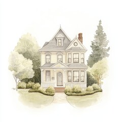 A charming illustrated house surrounded by trees and shrubs.