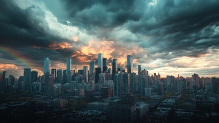 Obraz premium Urban Skyline Under Dramatic Rain Clouds, a mesmerizing scene featuring a contemporary city skyline enveloped in moody weather, accented by a delicate rainbow amidst the clouds.