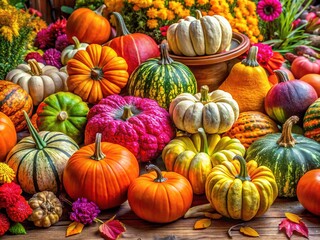 Bright and vibrant autumn pumpkins enhance nutritious meals and seasonal decor, offering a colorful assortment for cozy fall gatherings and creative culinary inspiration. Enjoy the harvest!