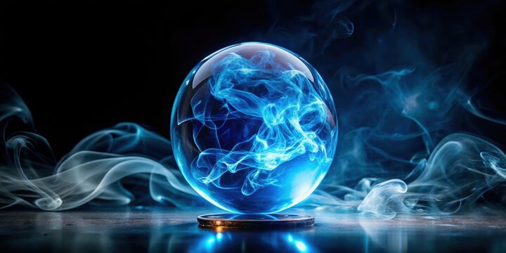 Crystal ball emitting blue energy with smoke on black background, crystal ball, magic, energy, sphera, blue, smoke