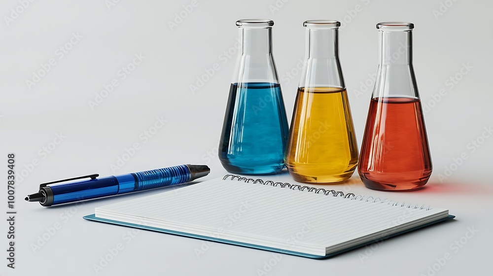 Poster a vibrant science experiment with colored liquids, accompanied by a notebook and pen.