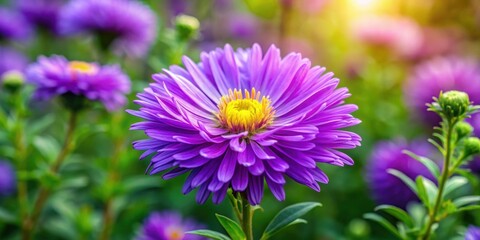 Obraz premium Purple Aster flower blooming in a vibrant garden , aster, purple, flower, nature, garden, beautiful, vibrant, bloom, petal