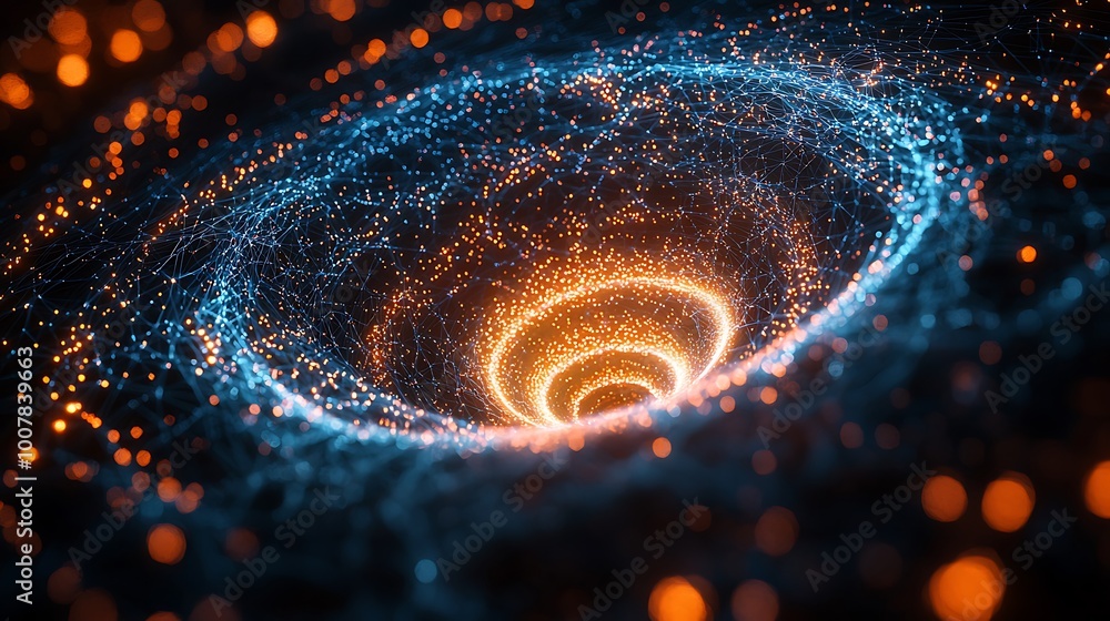 Poster a mesmerizing light pattern swirls in blue and orange, with bokeh effects shimmering.