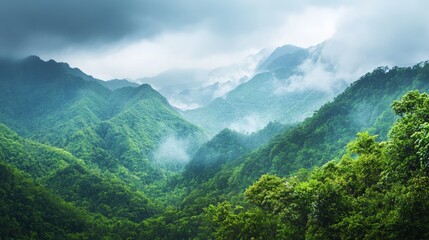 Naklejka premium Vibrant Lush Mountains After Rain, a vivid depiction of rejuvenated greenery on mountains, showcasing the life-giving effects of rain in a serene natural landscape.