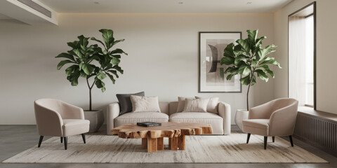 Modern living room with neutral tones and minimalist furniture, featuring a wooden coffee table and indoor plants.