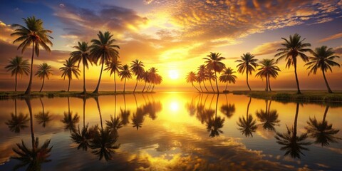 Obraz premium Oasis sunset landscape with palm trees, golden sky, and calm water , oasis, sunset, landscape, background,palm trees