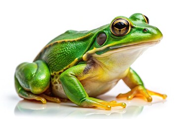 Obraz premium Lively green frog stands out against a white background, ideal for nature and wildlife illustrations, showcasing its vibrant colors and natural beauty effortlessly.