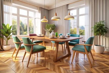 Luxurious wooden dining table paired with cushioned chairs, accentuated by a delicate white cup, graces an exquisite parquet floor for a warm, inviting ambiance.