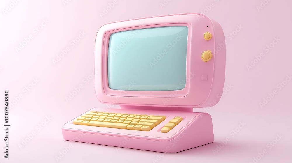 Poster a retro pink desktop computer with a yellow keyboard, its screen inviting customization.