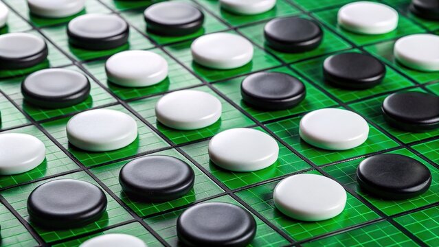 Strategically outmaneuver your opponent in Othello, flipping black and white discs on a vibrant green grid, aiming for dominance in this classic board game.