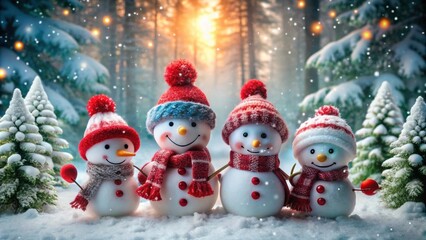 Fototapeta premium Snowmen in a snowy forest setting with festive red hats and scarves