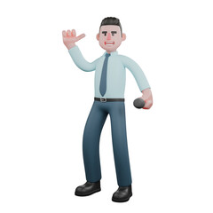 3D Professional Male Financial Analyst Character. A male financial analyst is standing with his right hand pointing his thumb backward while his left hand is holding a mic. Economic