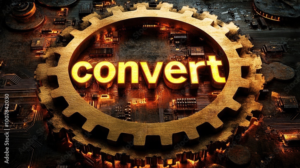Poster golden gears and processor systems emphasizing conversion technology