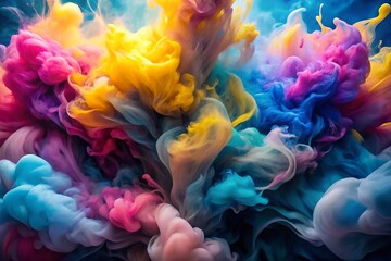 Obraz premium This stunning abstract watercolor piece showcases a captivating fusion of blue, pink, and yellow, elegantly blending in