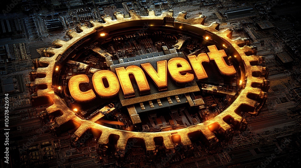 Poster golden gears and processor systems emphasizing conversion technology