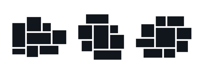 Image collage layout collection. Black mosaic mood board grid set. 7-9 picture composition arrangement. Photo album template for banner, poster, mockup, flyer, brochure, booklet, memory wall. Vector