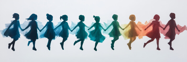Silhouettes of girls in dresses, jumping and holding hands, painted with vibrant colors.