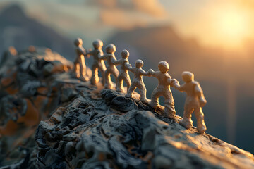 A group of miniature figures, symbolizing teamwork, reaching towards the horizon, illuminated by warm sunlight.