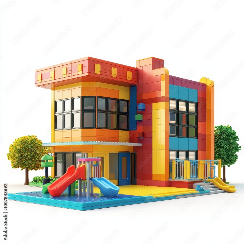 Poster a colorful building made of blocks featuring slides and playground equipment for children.