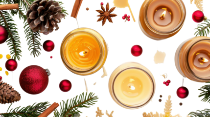 Scented candles arranged on a fireplace mantle, on white background