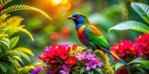 Vibrant exotic bird perched in lush jungle surrounded by colorful flowers and dense green foliage, exotic, bird, jungle