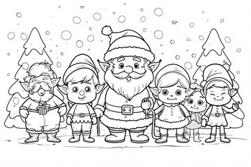 Fototapeta premium A cheerful group of animated elves and Santa Claus, ready for holiday magic in a snowy forest landscape filled with festive spirit.