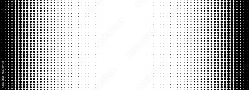 Poster Dotted halftone gradient texture. Fading polka dot background. Repeated dots gradation pattern. Black and white vanishing comic pop art backdrop. Halftone raster effect wallpaper. Vector overlay