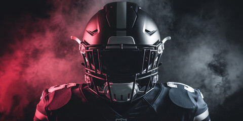 Male football player in dark uniform and helmet, standing amidst dramatic smoke lighting.