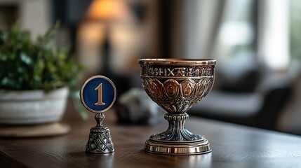 Gold cup alongside a first place medal