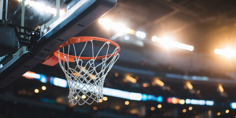 Close-up of a basketball hoop with stadium lights and blurred crowd background.
