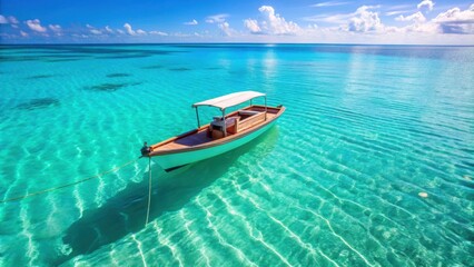A boat gracefully sailing on crystal clear turquoise water, boat, sail, waterscape, scenic, tranquil, peaceful, vacation
